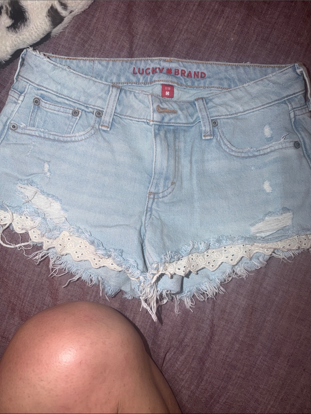 Lucky Brand Pale Blue Distressed Denim Shorts with Lace Hem